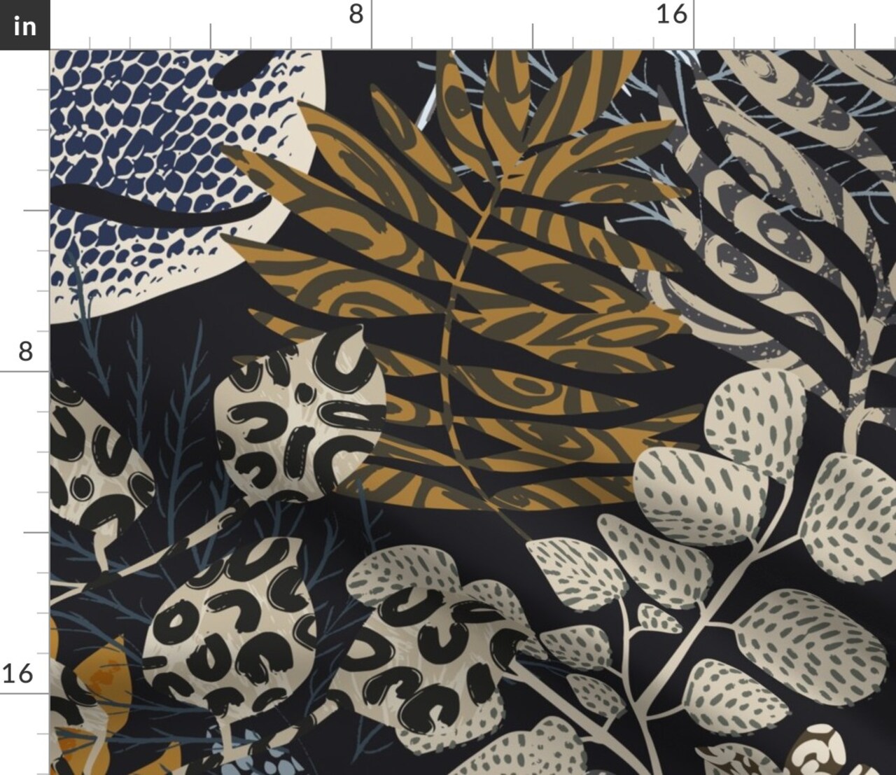 Blue Leaves Animal Print Wild Dark Tropical Tiger Cheetah Lizard Botanical Floral Large Scale Jungle Custom Printed Fabric by Spoonflower Various Fabrics by the Yard or Fat Quarter